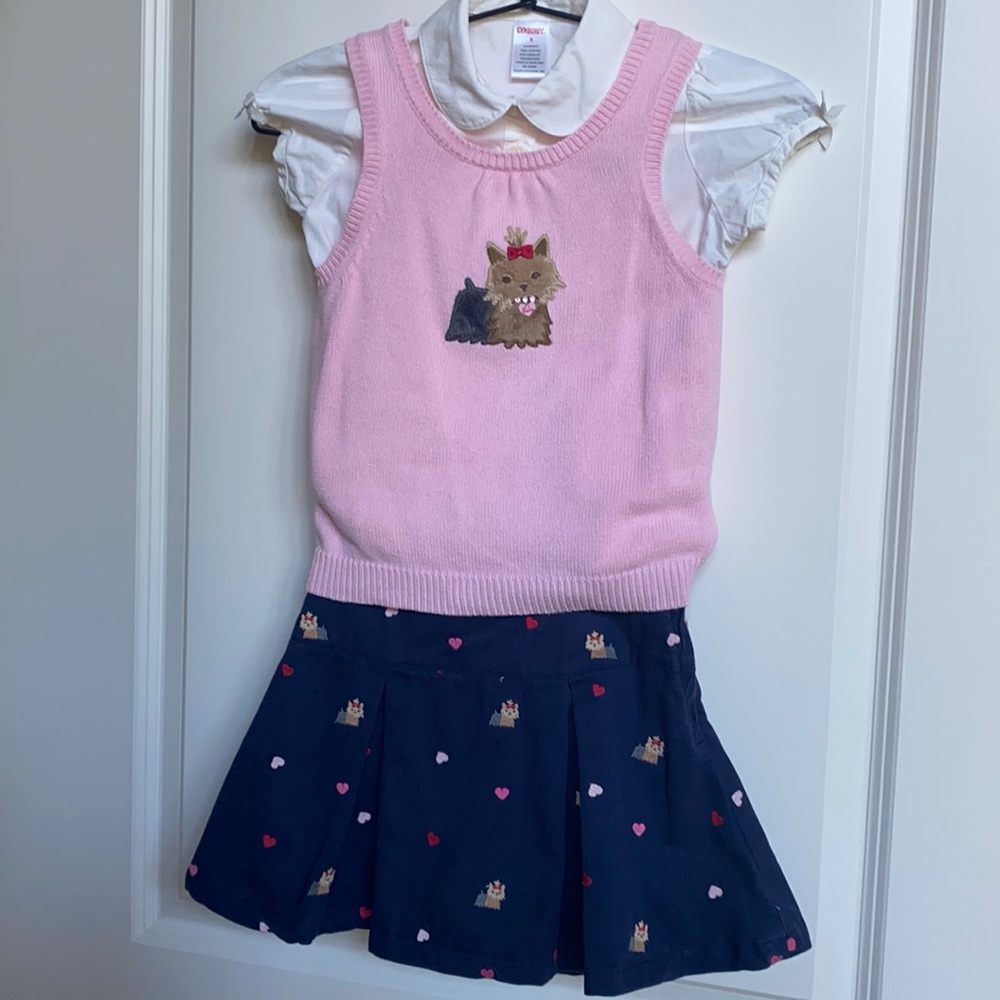 Vintage Gymboree! 3 piece outfit, hearts & puppy, Skirt,Blouse & Sweater, Sz 5